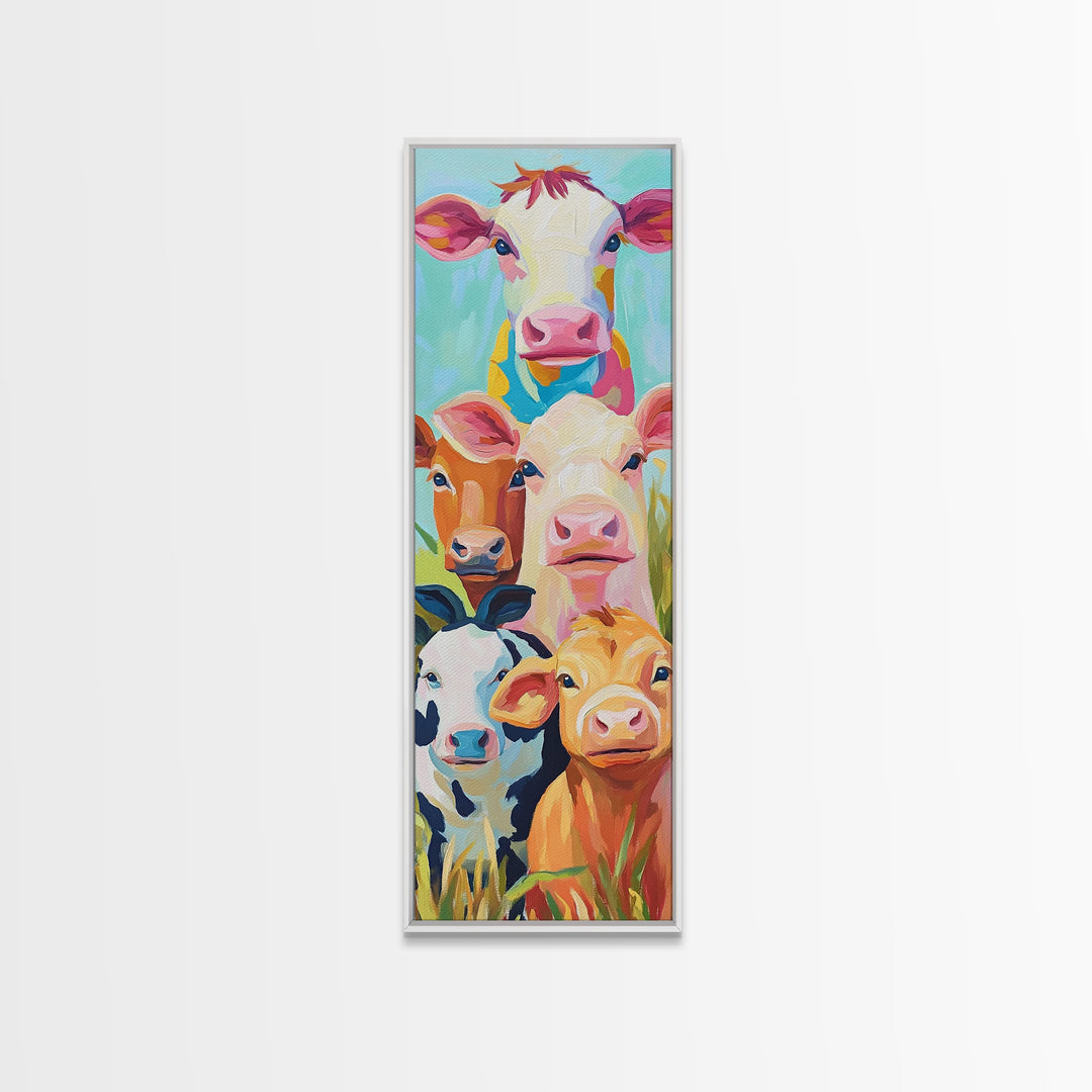 Cheerful Calves And Farm Cows Framed Canvas Print, Cute Animal Wall Art, Farmhouse Decor, Nursery Animal Art Gift For Kids Room