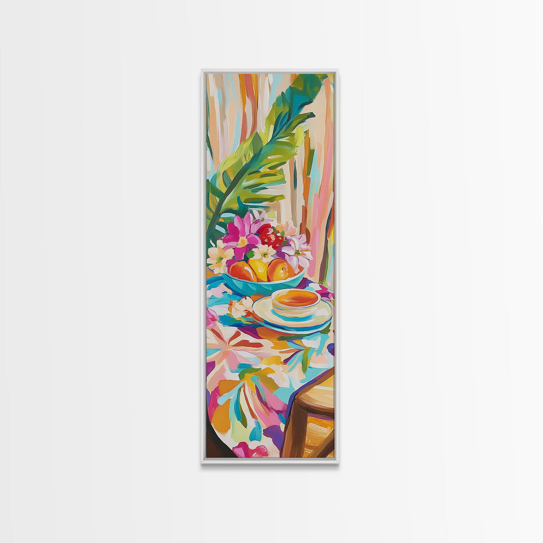 Tropical Tea Cup With Citrus And Flowers Wall Art, Colorful Kitchen Decor, Coastal Canvas Print, Bright Dining Room Art Print