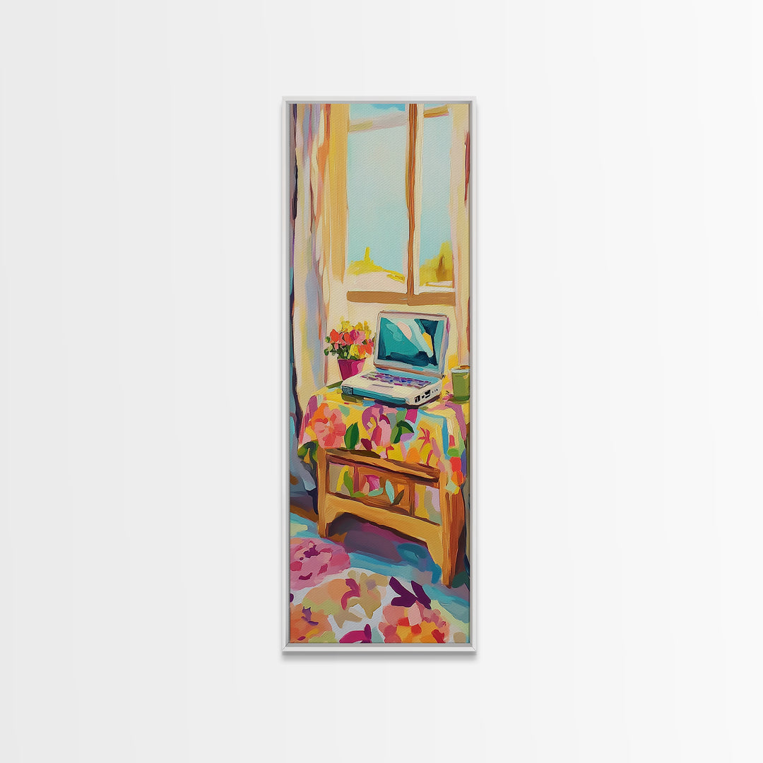 Cozy Laptop On Floral Bed Framed Canvas Print, Home Office Wall Art, Bedroom Decor, College Apartment Art For Guest Room