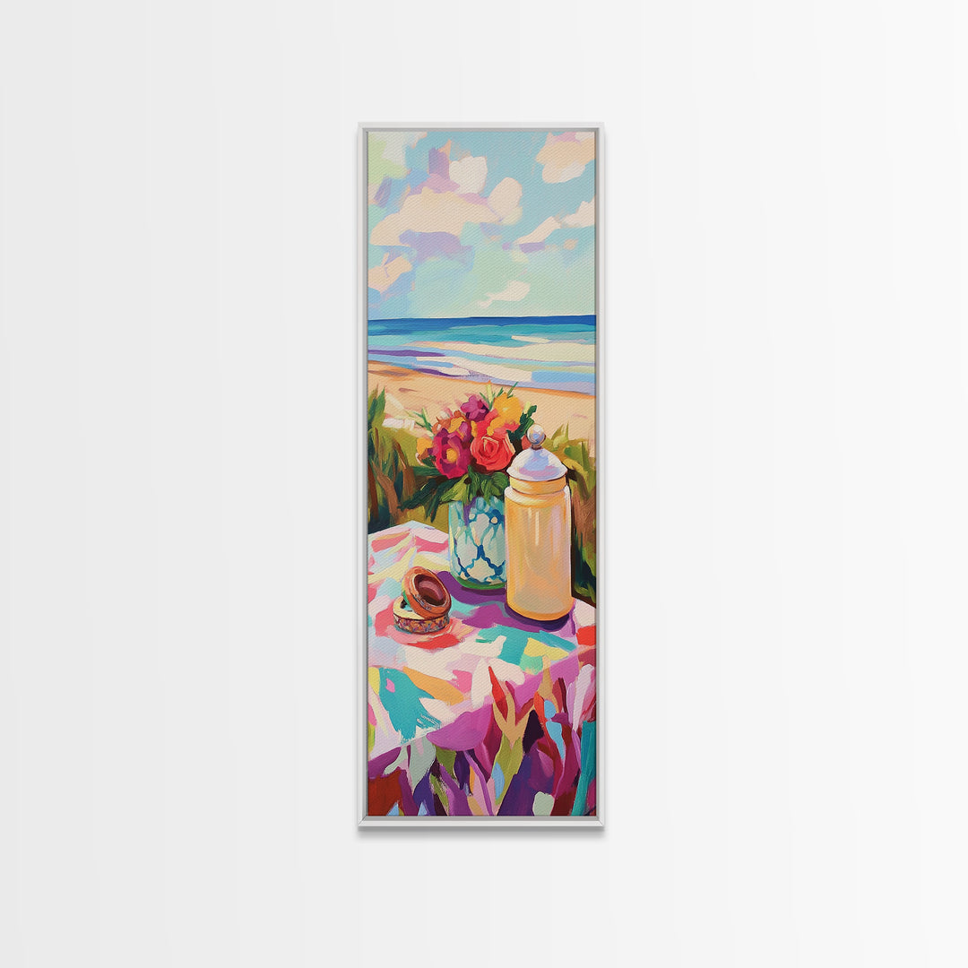 Beach Picnic Flowers And Shells Wall Art, Coastal Canvas Print, Ocean Living Room Decor, Beach House Art Gift For Her Decor