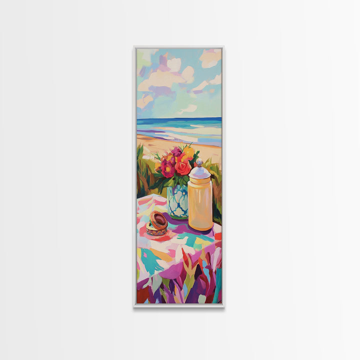 Beach Picnic Flowers And Shells Wall Art, Coastal Canvas Print, Ocean Living Room Decor, Beach House Art Gift For Her Decor