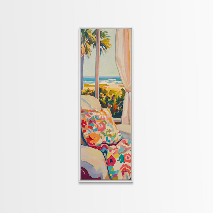Coastal Bedroom With Ocean View And Floral Pillow, Beach Wall Art For Above Bed Decor, Canvas Print, Summer Home Decor Gift