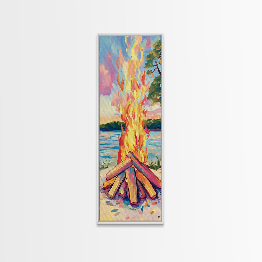 Lakeside Bonfire With Bright Flames Canvas Print, Cozy Rustic Cabin Wall Art, Campfire Decor, Summer Lake Housewarming Gift