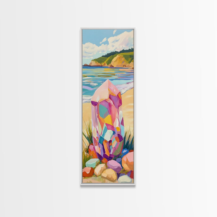 Rainbow Crystal Beach Canvas Print, Coastal Wall Art, Colorful Gemstone Decor, Ocean Landscape Print, Boho Beach House Gift