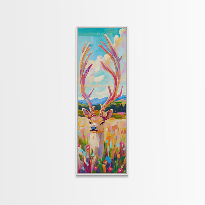 Whimsical Deer With Tall Antlers Canvas Print, Colorful Wildlife Wall Art, Meadow Landscape Decor, Rustic Nursery Gift, Animal Lover Gift