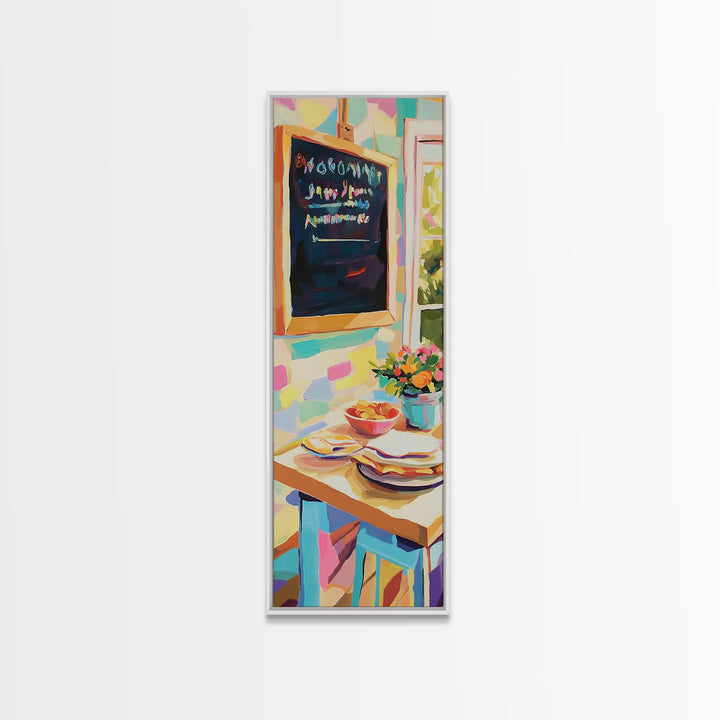 Cheerful Kitchen Table With Chalkboard Menu Wall Art, Breakfast Nook Canvas Print, Colorful Cafe Decor, Dining Room Print