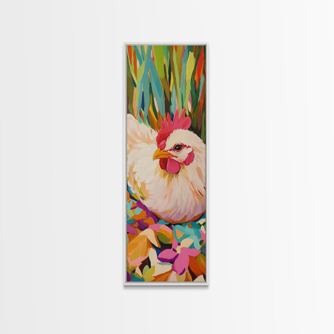 White Hen Among Tropical Leaves Framed Canvas Print, Colorful Animal Wall Art, Farmhouse Kitchen Decor, Whimsical Art Print