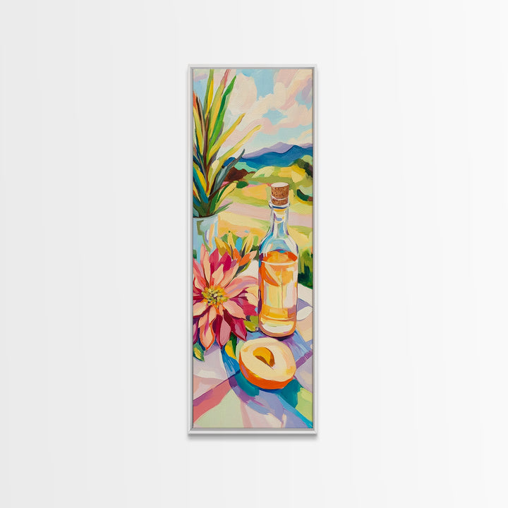 Sunlit Bottle With Flower And Citrus Framed Canvas Print, Mediterranean Kitchen Wall Art, Italian Decor, Landscape Art Print