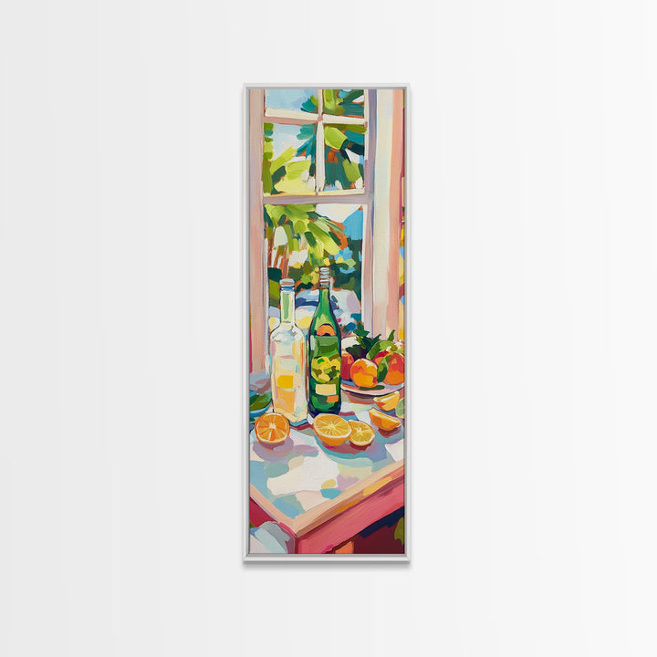 Sunny Window Bottles And Lemons Framed Canvas Print, Kitchen Wall Art, Citrus Wall Decor, Dining Room Prints, Home Decor