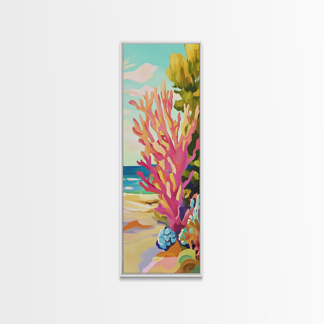 Pink Coral Reef By The Beach Canvas Print, Tropical Coastal Wall Art, Ocean Wall Decor, Bright Beach House Decor Gift For Her