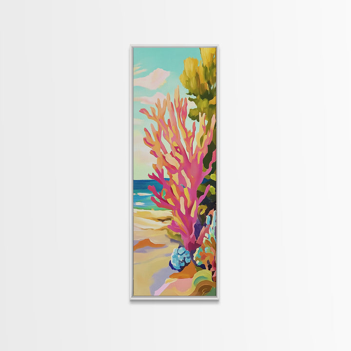 Pink Coral Reef By The Beach Canvas Print, Tropical Coastal Wall Art, Ocean Wall Decor, Bright Beach House Decor Gift For Her