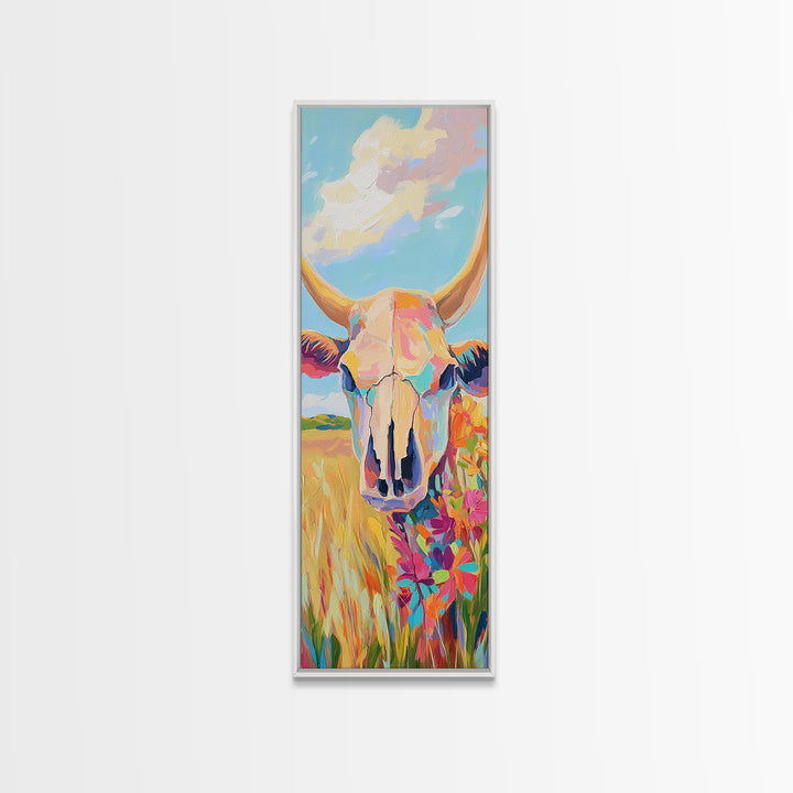 Pastel Cow Skull With Wildflowers Wall Art, Western Decor, Southwestern Canvas Print, Rustic Ranch Housewarming Gift For Her