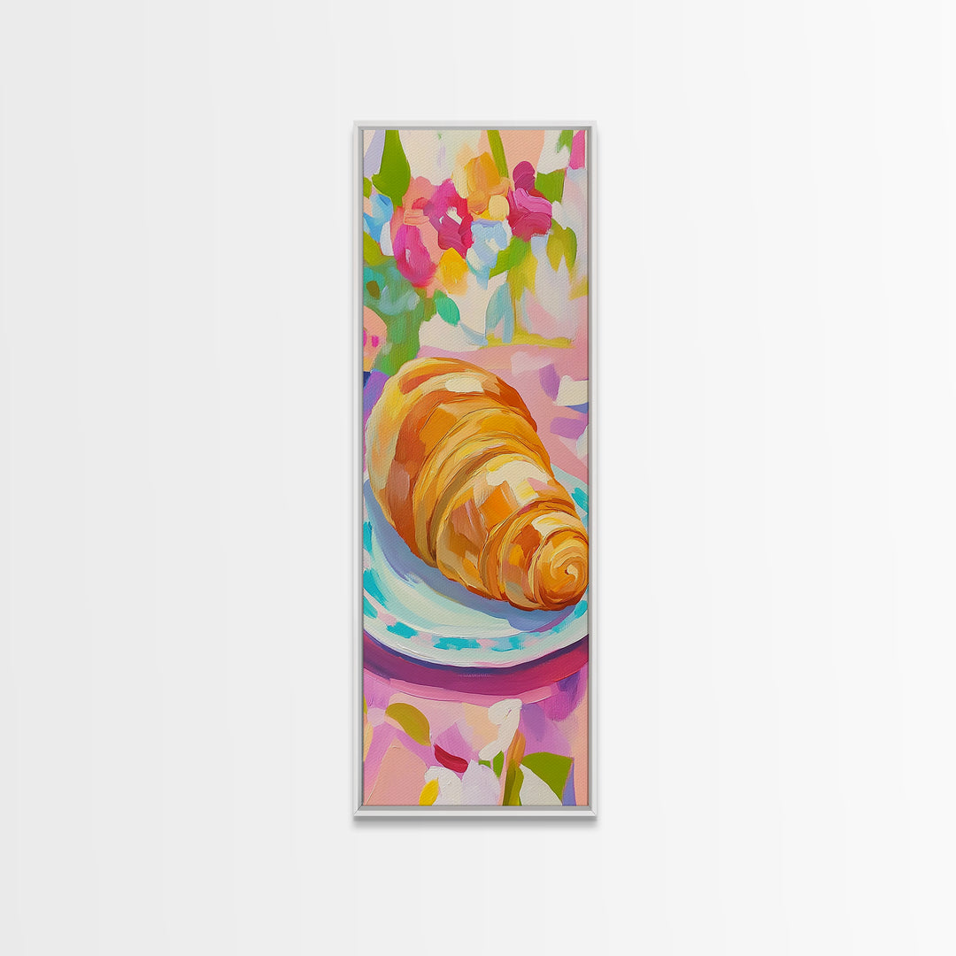 Golden Croissant On Floral Plate Canvas Print, French Bakery Wall Art, Modern Kitchen Decor, Patisserie Print, Food Lover Gift