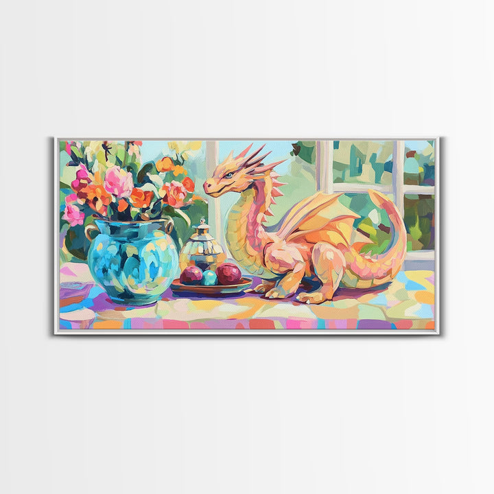 Whimsical Pink Dragon With Flowers Framed Canvas Print, Fantasy Wall Art, Nursery Decor, Girls Room Art, Unique Gift For Her