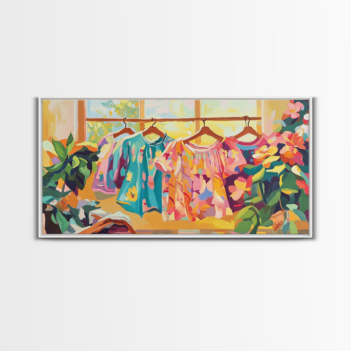 Bright Floral Dresses Hanging By Window Canvas Print, Fashion Wall Art, Feminine Wall Decor, Boutique Decor, Gift For Her
