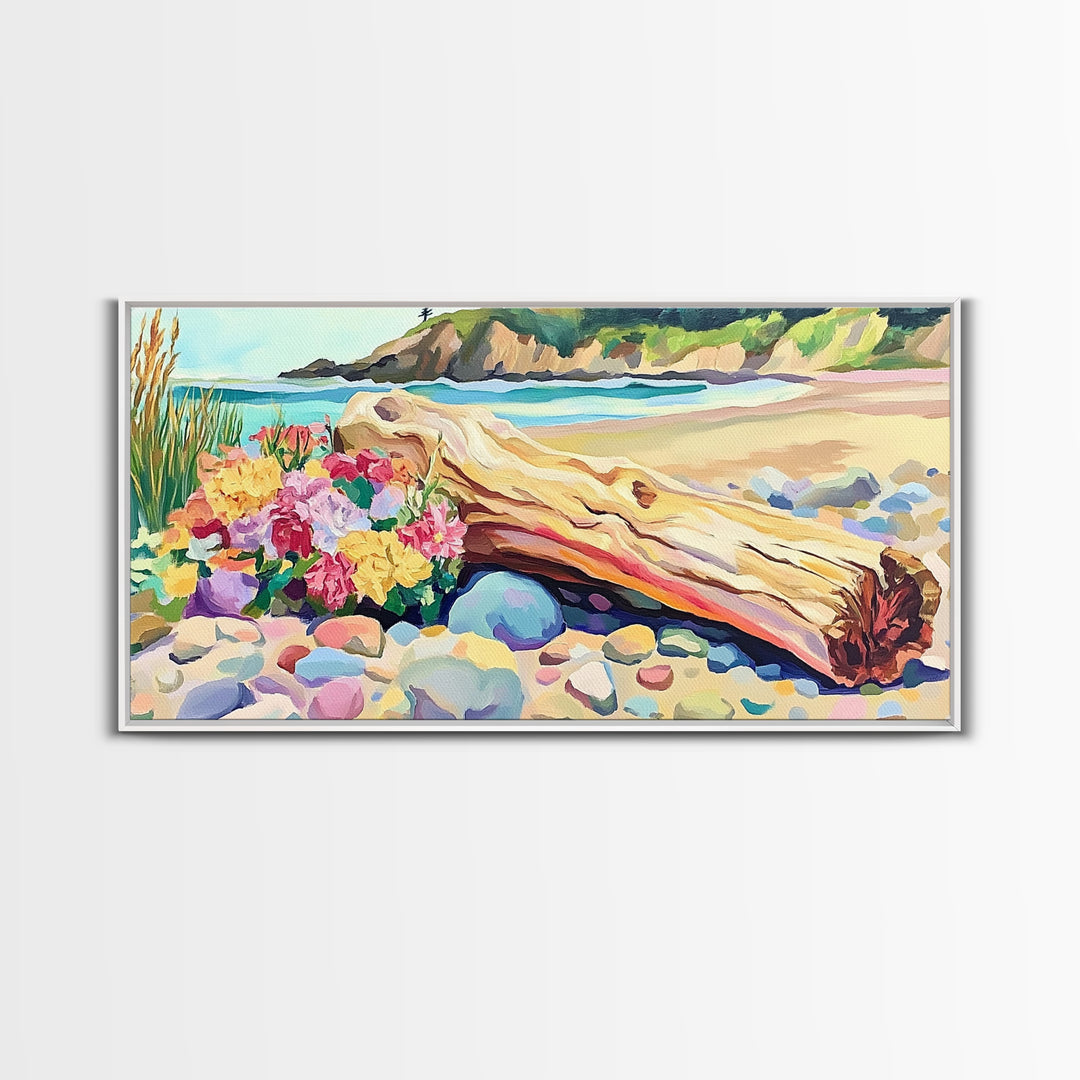 Driftwood Log And Wildflowers On Beach Framed Canvas Print, Coastal Wall Art, Seascape Art, Beach House Decor, Ocean Print