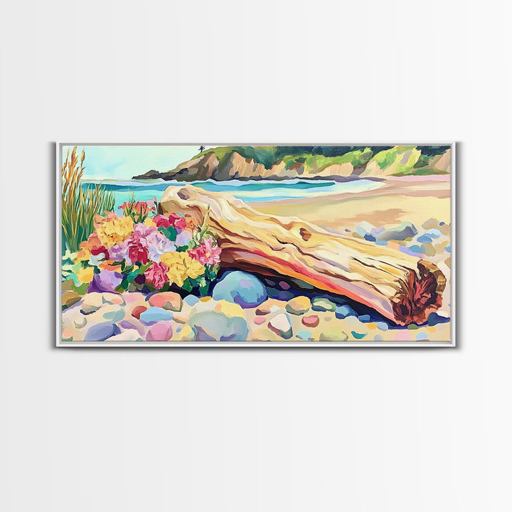 Driftwood Log And Wildflowers On Beach Framed Canvas Print, Coastal Wall Art, Seascape Art, Beach House Decor, Ocean Print