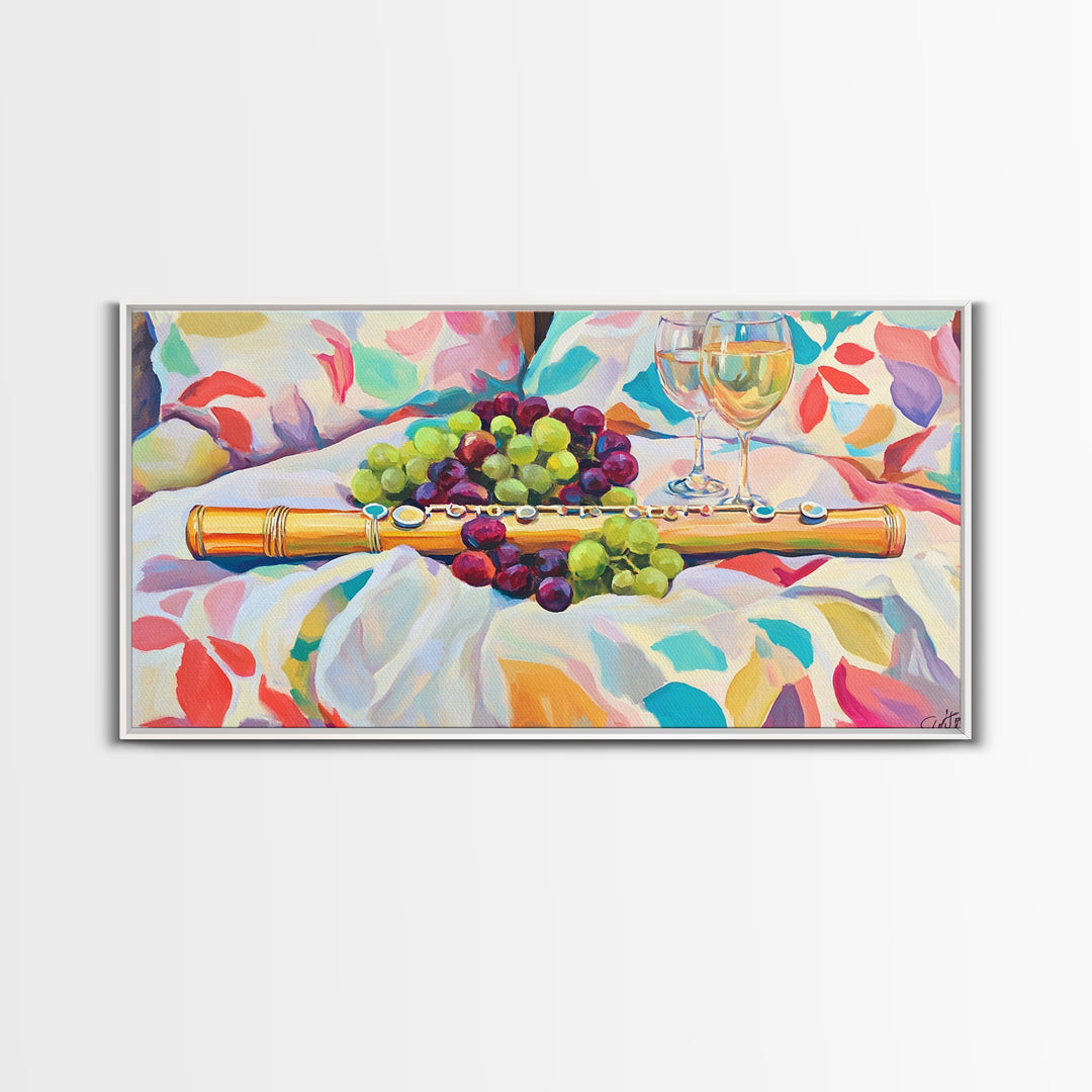 Golden Flute With Wine And Grapes Framed Canvas Print, Music Room Art, Winery Wall Art, Still Life, Dining Room Decor, Gift For Music Lover