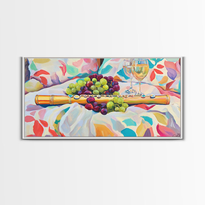 Golden Flute With Wine And Grapes Framed Canvas Print, Music Room Art, Winery Wall Art, Still Life, Dining Room Decor, Gift For Music Lover