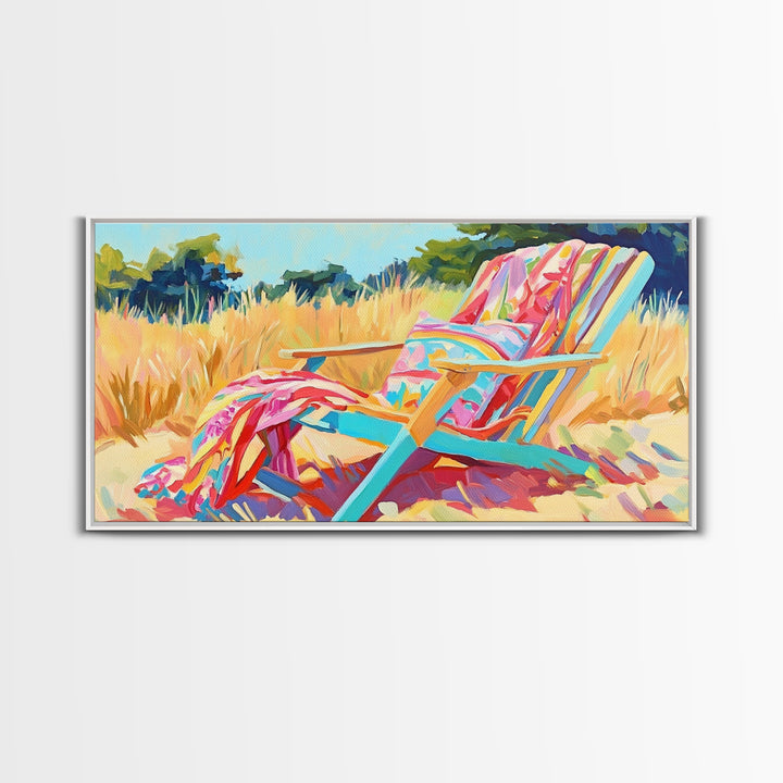 Colorful Beach Chair In Summer Grass Canvas Print, Coastal Wall Art, Beach House Decor, Summer Vibes, Relaxing Art Print