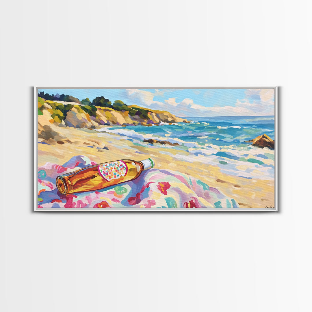 Beach Bottle On Towel Coastal Beach Canvas Print, Ocean Wall Art, Beach House Decor, Nautical Wall Decor, Summer Gift For Her