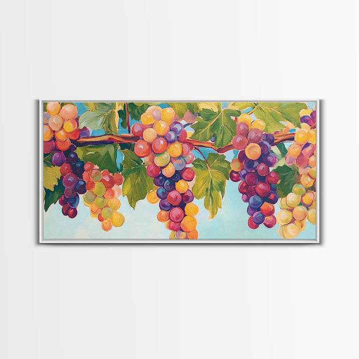 Sunlit Grape Clusters On Vine Framed Canvas Print, Vineyard Wall Art, Winery Decor, Colorful Kitchen Art, Wine Lover Gift