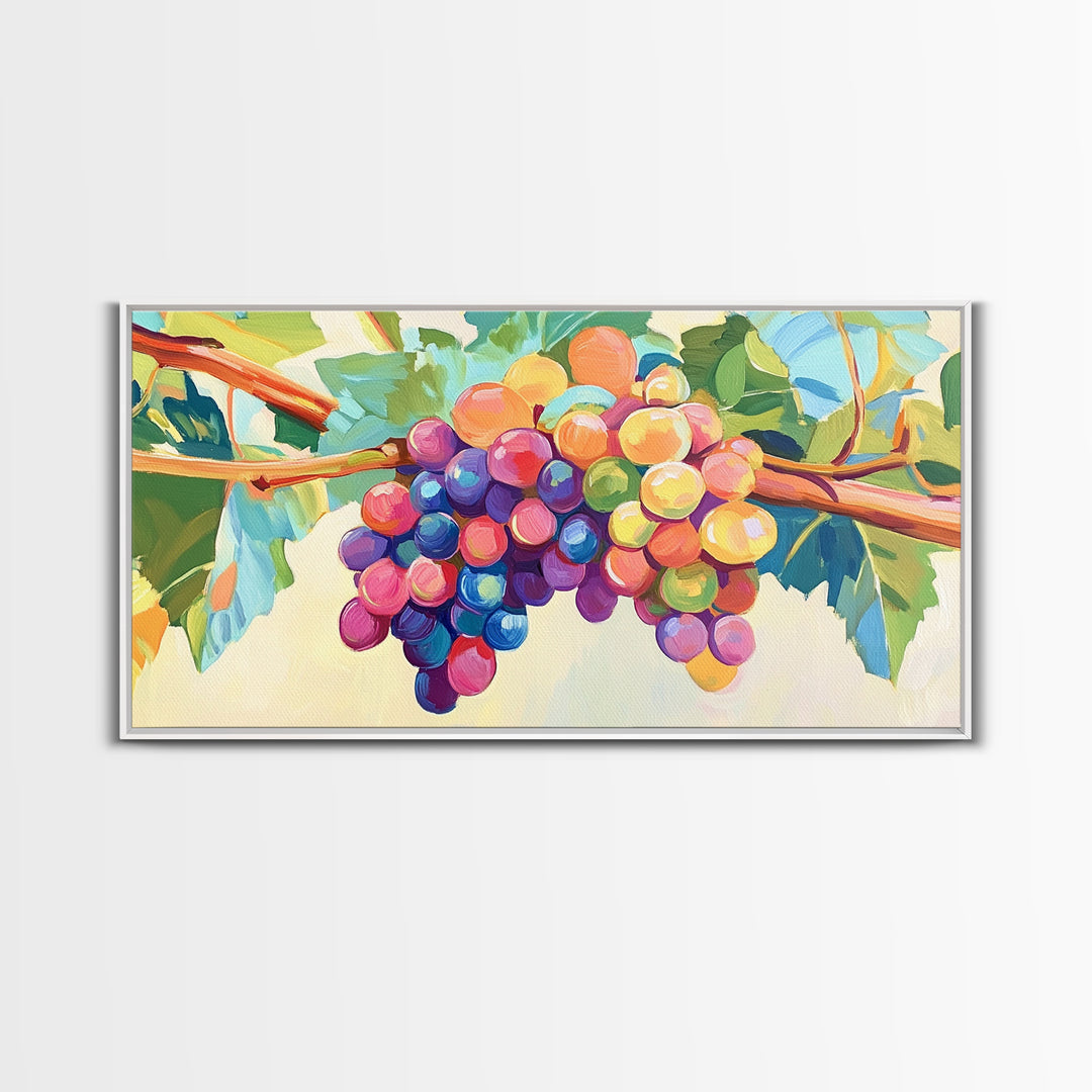 Bright Grape Bunches And Green Leaves Canvas Print, Vineyard Wall Art, Wine Kitchen Decor, Colorful Fruit Art, Winery Gift
