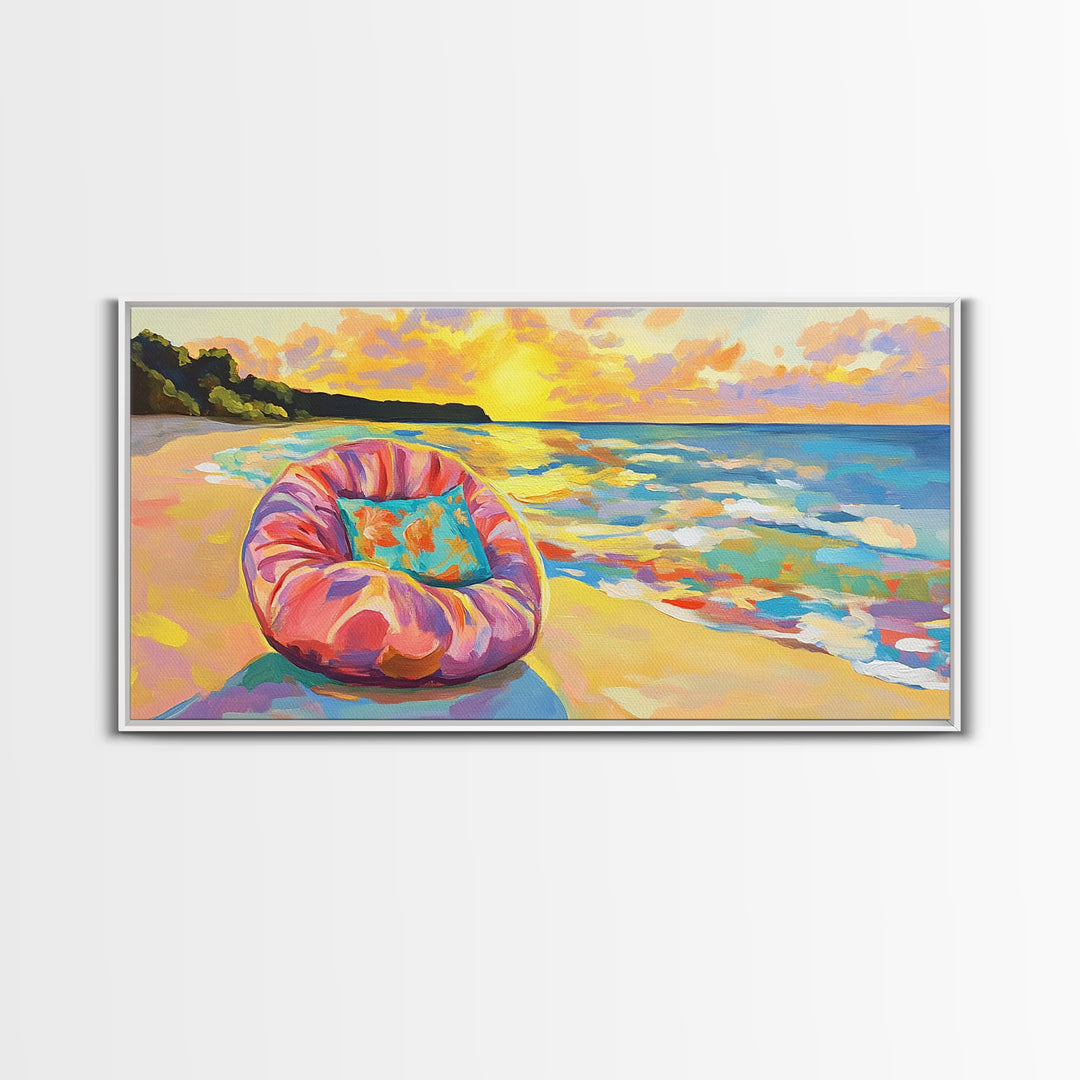 Sunset Beach Chair And Ocean Waves Wall Art, Coastal Canvas Print, Beach House Decor, Tropical Home Decor, Summer Wall Art
