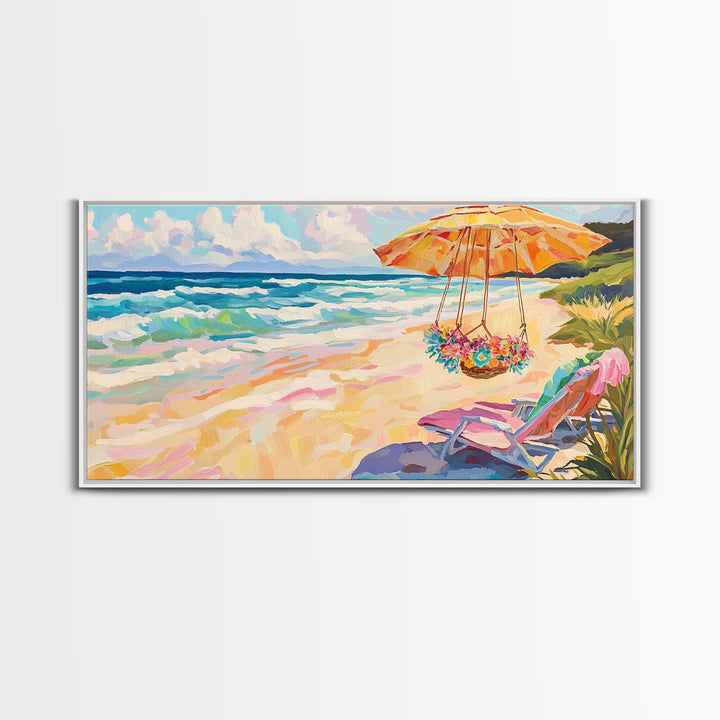 Sunny Beach Umbrella And Chair Framed Canvas Print, Coastal Wall Art, Ocean Decor, Beach House Living Room Art Gift, Summer Seascape