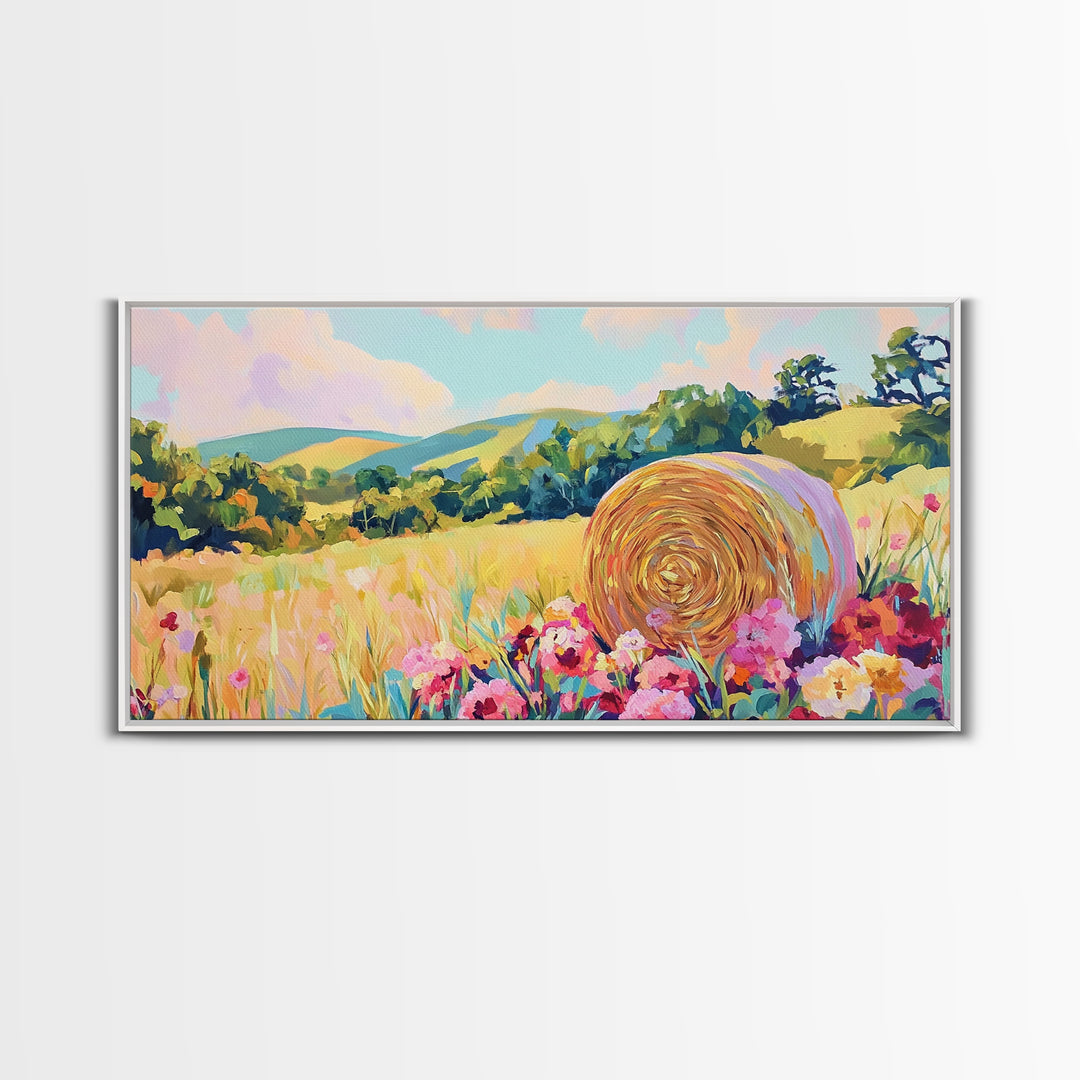 Golden Hay Bale Wildflower Meadow Canvas Print, Country Landscape Wall Art, Farmhouse Decor, Rustic Living Room Art Gift