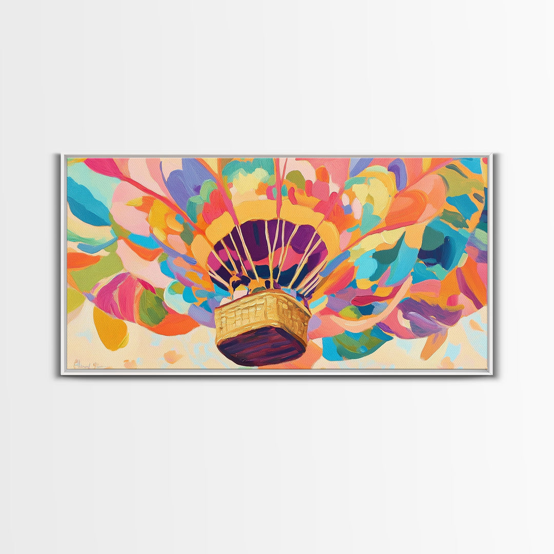 Rainbow Hot Air Balloon Canvas Print, Whimsical Nursery Wall Art, Colorful Dopamine Decor, Kids Room Fantasy Art Gift, Baby Shower
