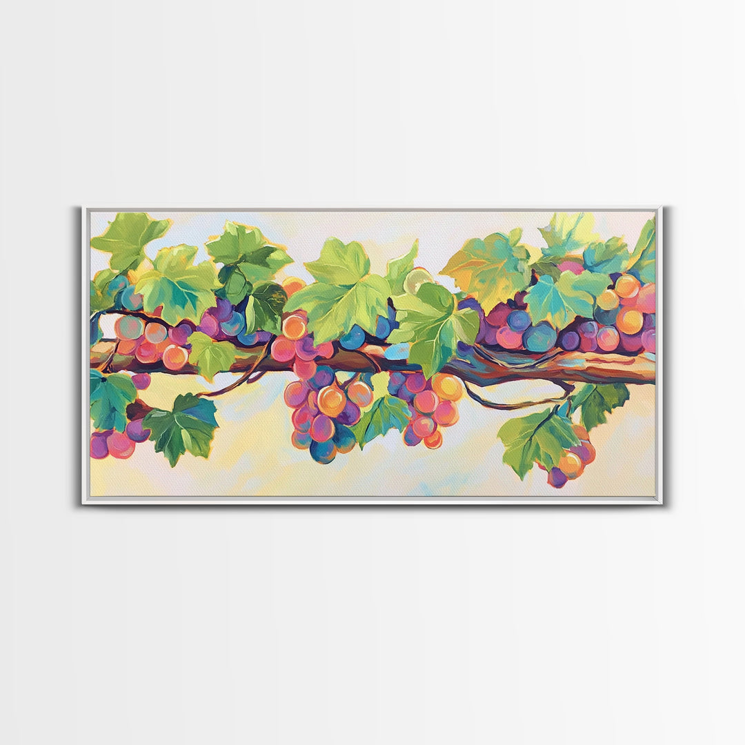 Sunlit Grapes And Green Vine Wall Art, Vineyard Canvas Print, Colorful Kitchen Decor, Rustic Farmhouse Dining Room Prints