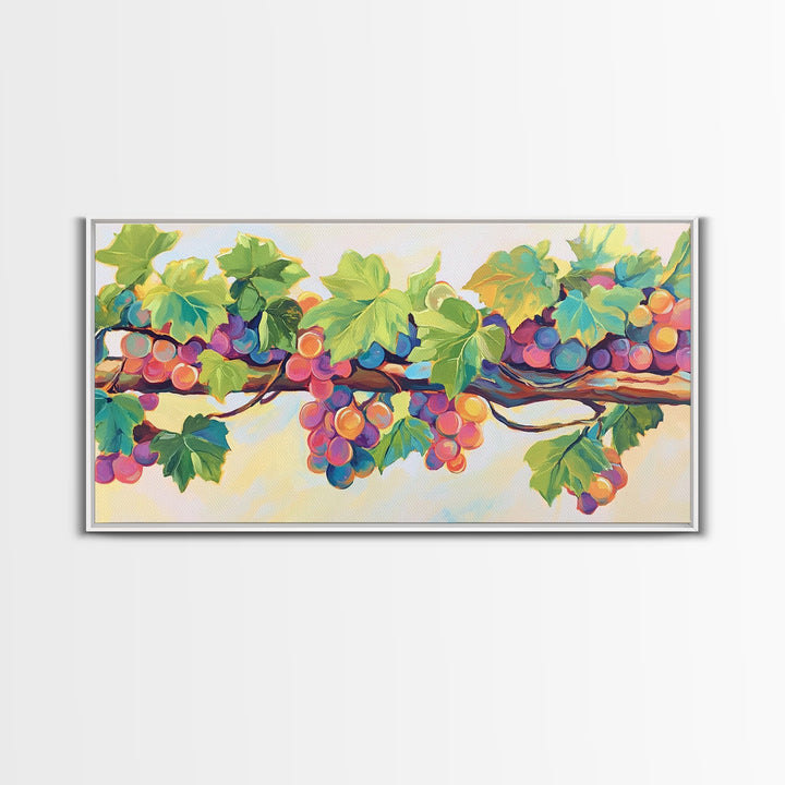 Sunlit Grapes And Green Vine Wall Art, Vineyard Canvas Print, Colorful Kitchen Decor, Rustic Farmhouse Dining Room Prints