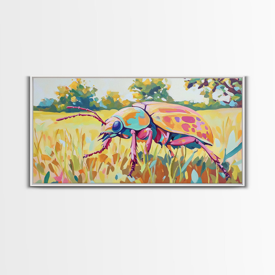 Iridescent Beetle In Golden Meadow Framed Canvas Print, Colorful Insect Wall Art, Nature Inspired Decor, Nature Lover Gift