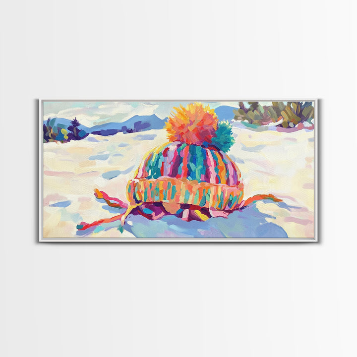Striped Knit Hat In Snow Canvas Print, Cozy Winter Wall Art, Colorful Nursery Decor, Mountain Landscape, Housewarming Gift