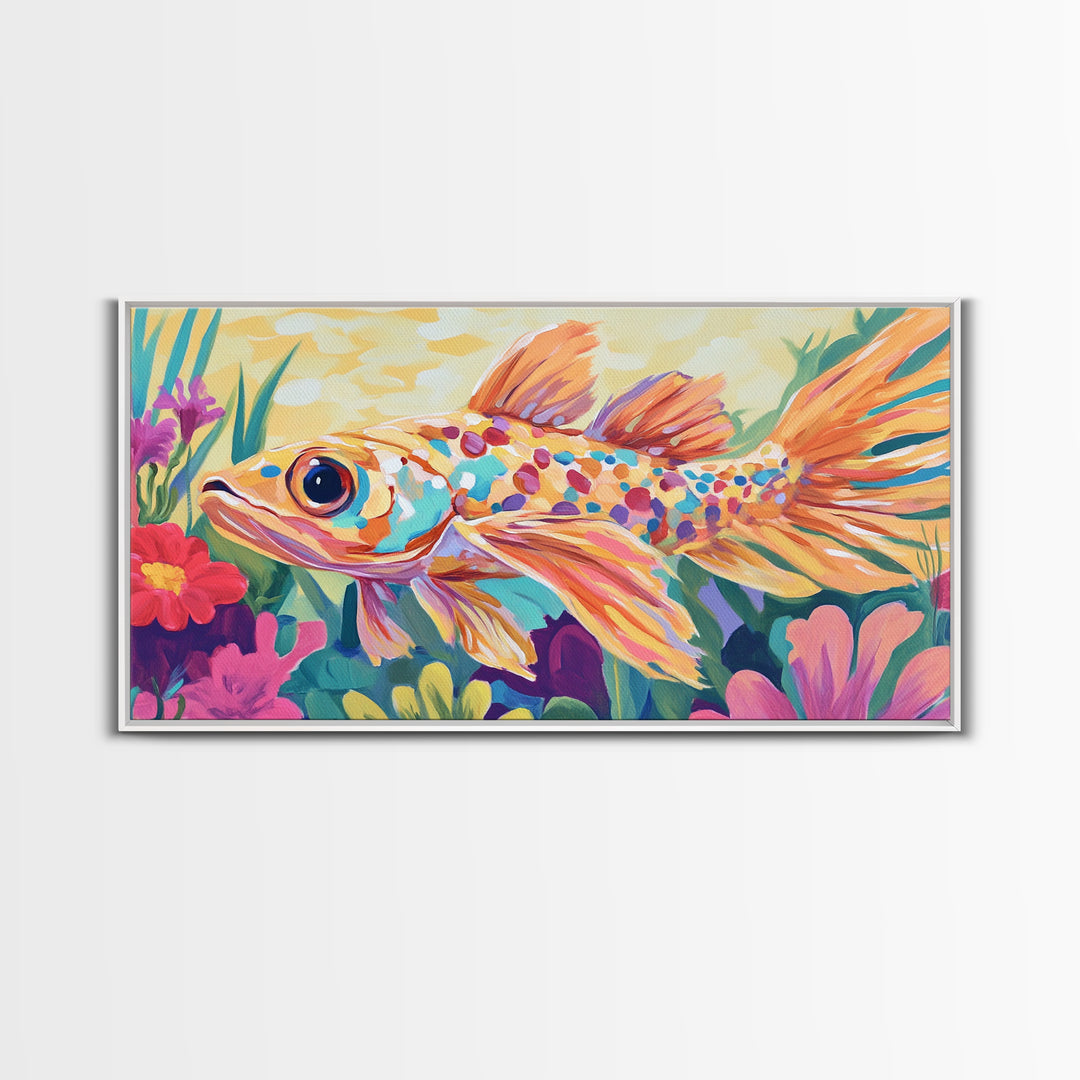 Colorful Goldfish Swimming Through Flowers Canvas Print, Whimsical Animal Wall Art, Ocean Nursery Decor, Bright Bathroom Art