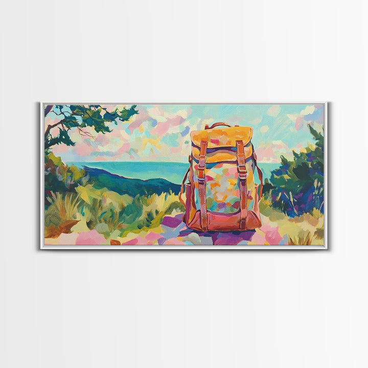Floral Backpack Coastal Landscape Wall Art, Travel Inspired Art Print, Hiking Gift, Beach House Decor, Modern Nature Wall Decor