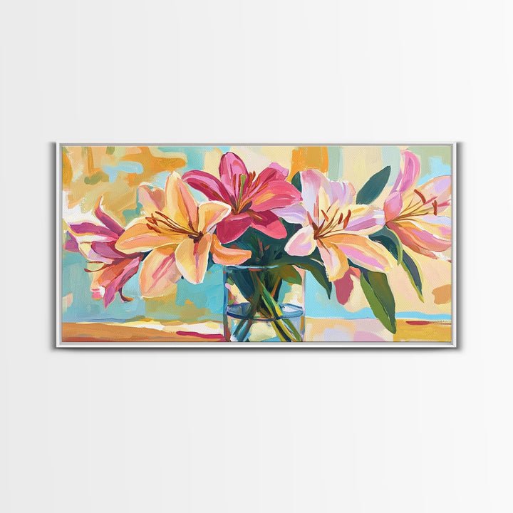 Pink Lilies In Glass Vase Framed Canvas Print, Floral Wall Art, Botanical Decor, Feminine Living Room Wall Decor, Gift For Her