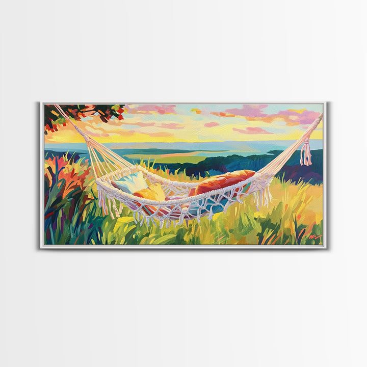 White Hammock By Coastal Meadow Wall Art, Beach House Decor, Relaxing Art Print, Summer Landscape, Above Bed Decor, Living Room Wall Decor