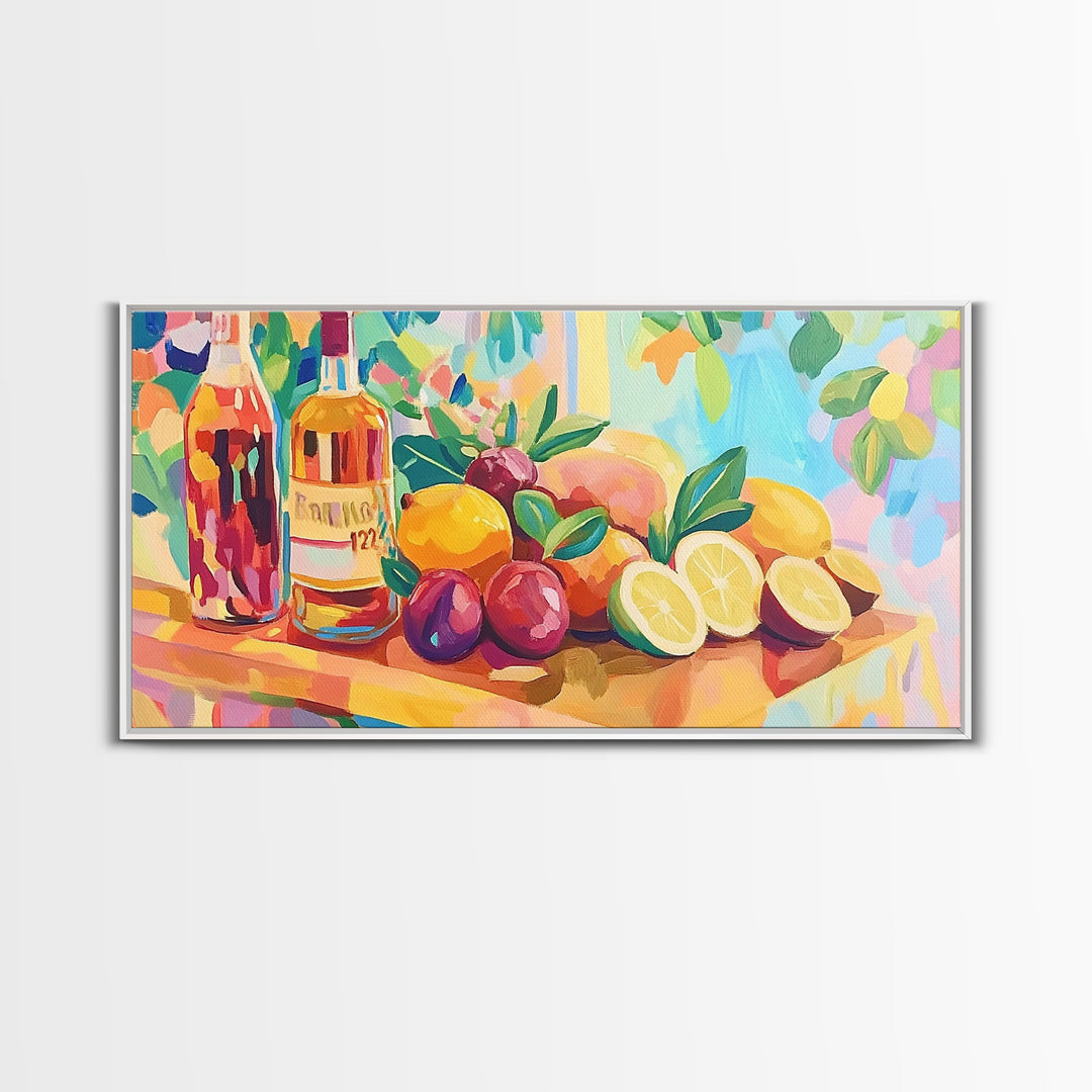 Colorful Citrus And Wine Still Life Canvas Print, Bright Kitchen Wall Art, Fruit Art Print, Dining Room Decor, Housewarming Gift