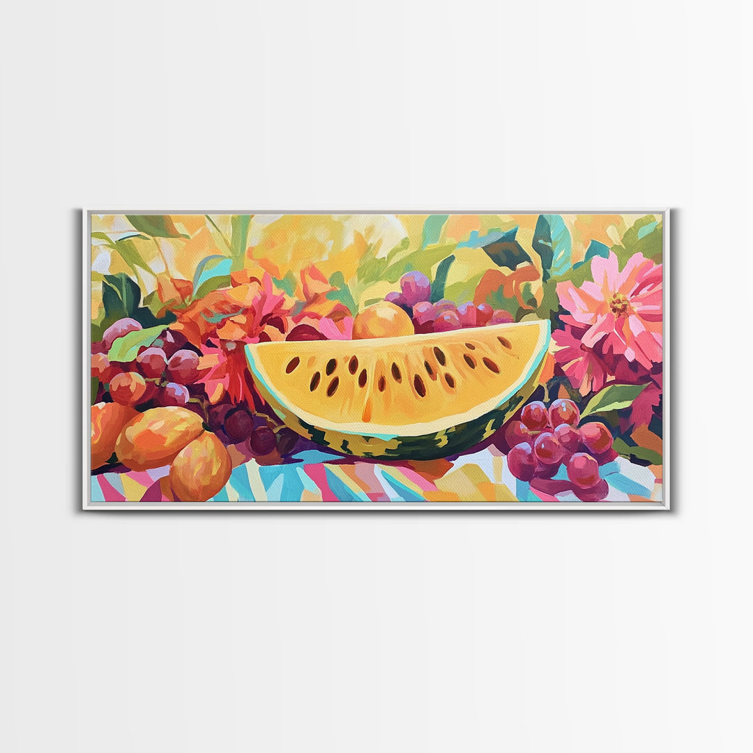 Sunny Watermelon And Summer Fruit Canvas Print, Colorful Kitchen Wall Art, Fruit Still Life, Dining Room Home Decor Gift