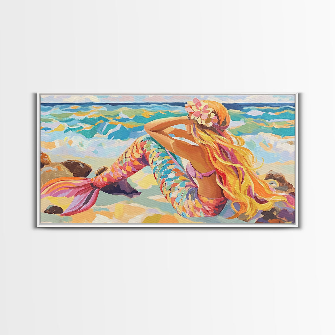 Blonde Mermaid On Sunny Beach Canvas Print, Fantasy Wall Art, Coastal Ocean Decor, Whimsical Nursery Or Bathroom Decor Gift