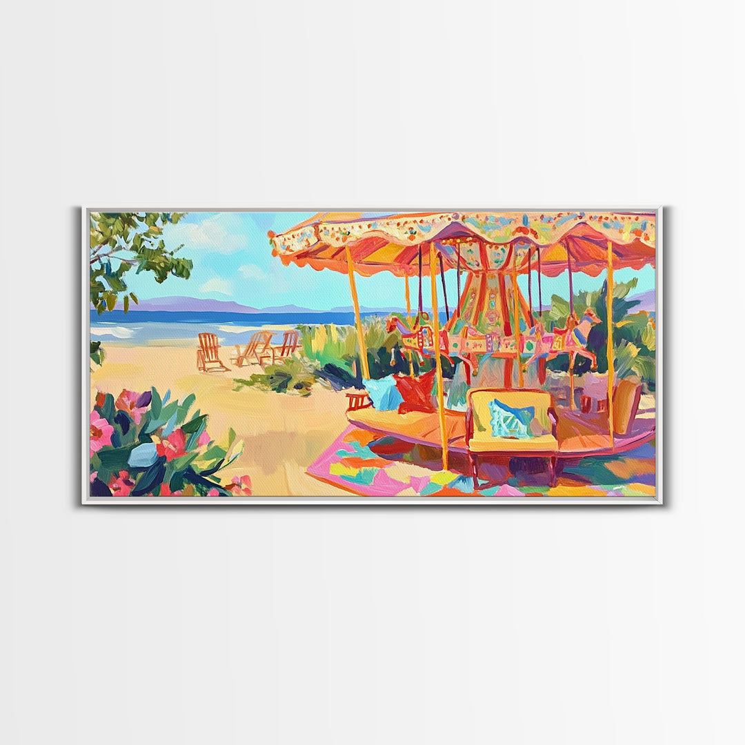 Beachside Carousel With Ocean Chairs Framed Canvas Print, Coastal Wall Art, Summer Beach Decor, Colorful Living Room Art