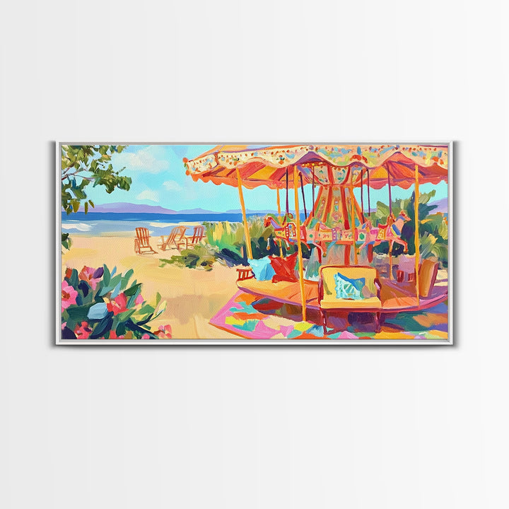 Beachside Carousel With Ocean Chairs Framed Canvas Print, Coastal Wall Art, Summer Beach Decor, Colorful Living Room Art