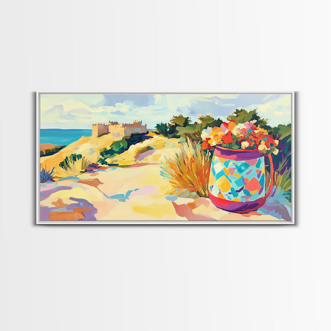 Seaside Dunes Castle And Mosaic Flower Pot Canvas Print, Coastal Wall Art, Beach House Decor, Summer Landscape Art Print