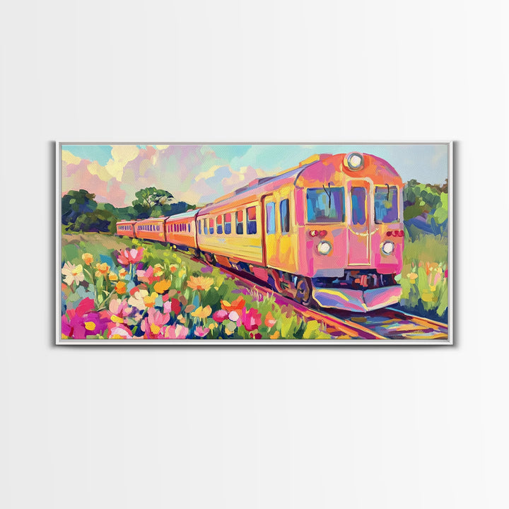 Pink Yellow Train Through Wildflower Meadow Framed Canvas Print, Colorful Wall Art, Travel Decor, Modern Landscape Art Print