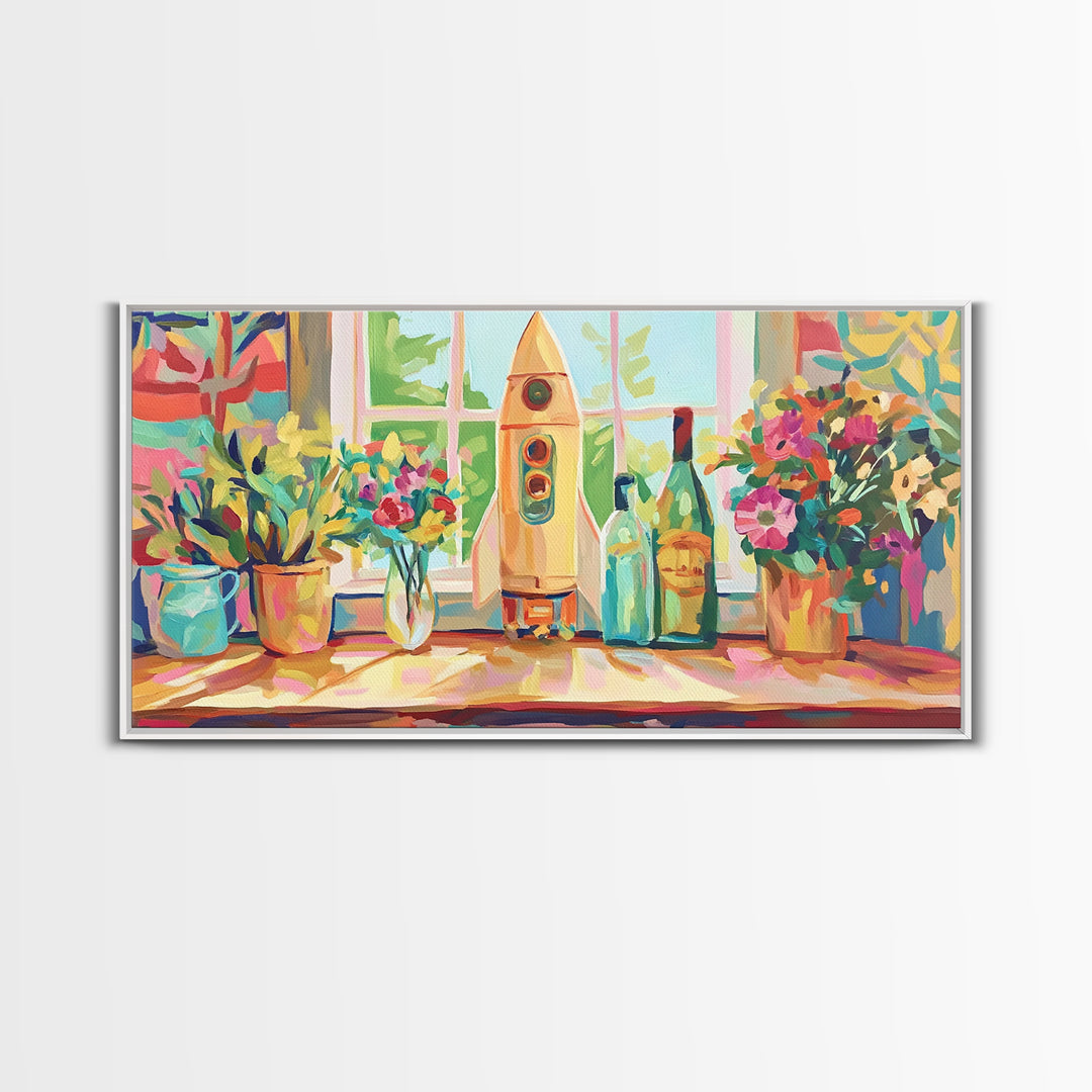 Retro Rocket On Sunny Windowsill With Plants Canvas Print, Space Wall Art, Kids Room Decor, Colorful Nursery Art Print Gift