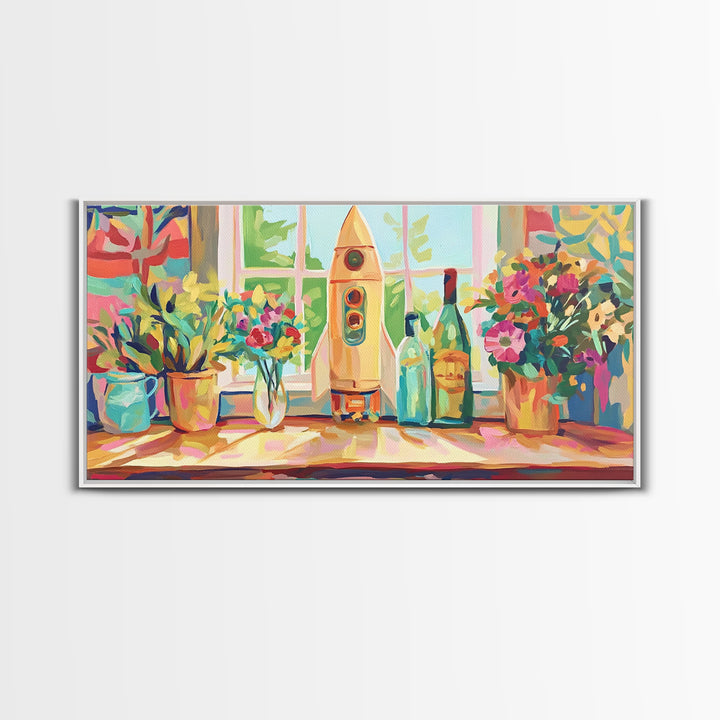 Retro Rocket On Sunny Windowsill With Plants Canvas Print, Space Wall Art, Kids Room Decor, Colorful Nursery Art Print Gift