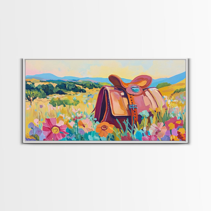 Western Saddle In Wildflower Meadow Wall Art, Cowgirl Canvas Print, Colorful Landscape Art, Rustic Ranch Home Decor Gift