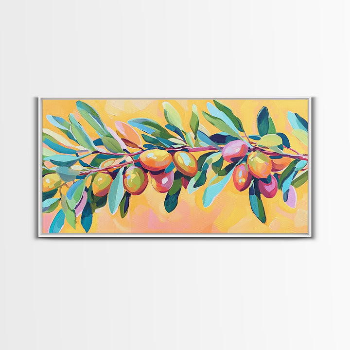Olive Branch With Green Leaves And Golden Fruit Wall Art, Mediterranean Canvas Print, Botanical Kitchen Decor Gift For Her